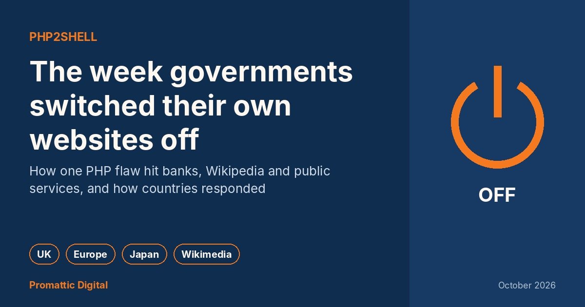 Power button graphic with the headline: the week governments switched their own websites off over the PHP2Shell flaw